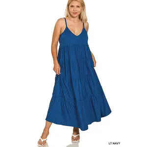 Zenana Plus V-Neck Cami Maxi Tiered Dress with Side Pockets
