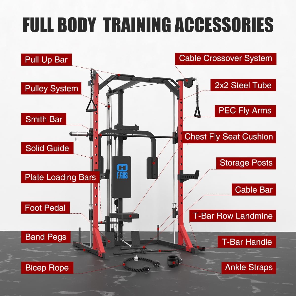 FAGUS H HG6205-RED Smith Machine Home Gym Power Cage with Pulley System  Space Saving Design