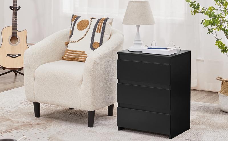 【With Power Outlet】Yaheetech Bedside Table, Modern Nightstand, 3-Drawer Bedside Cupboard Storage Cabinet with 2 USB Ports & Power Outlets for Bedroom/Small Space/Home Office, Black