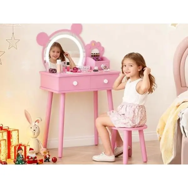 Pink Wooden Princess Theme Children's Dressing Table Set - Bear Mirror with LED Lights, Flower Stool, Drawers, Child-Friendly Size, Easy Setup, Creative Play, Fun Gift - Ideal for Bedroom, Playroom