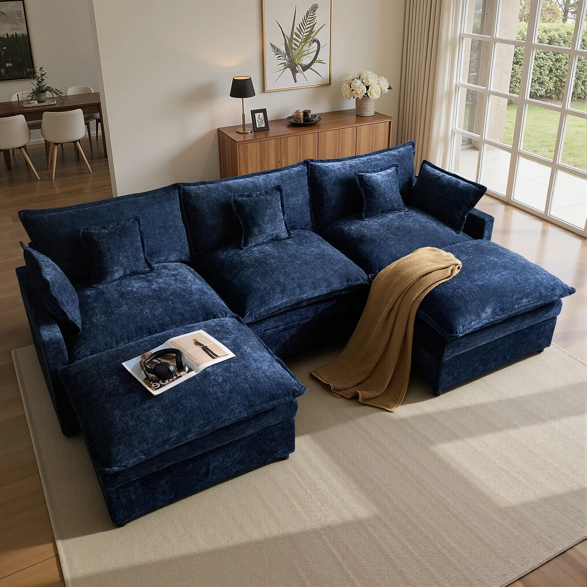 108" Dark Blue Chenille U Shaped with 2 Ottoman