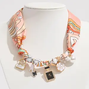 Fashion Item Pearl Charm Station Gold Orange Necklace with Scarf Design and Charms