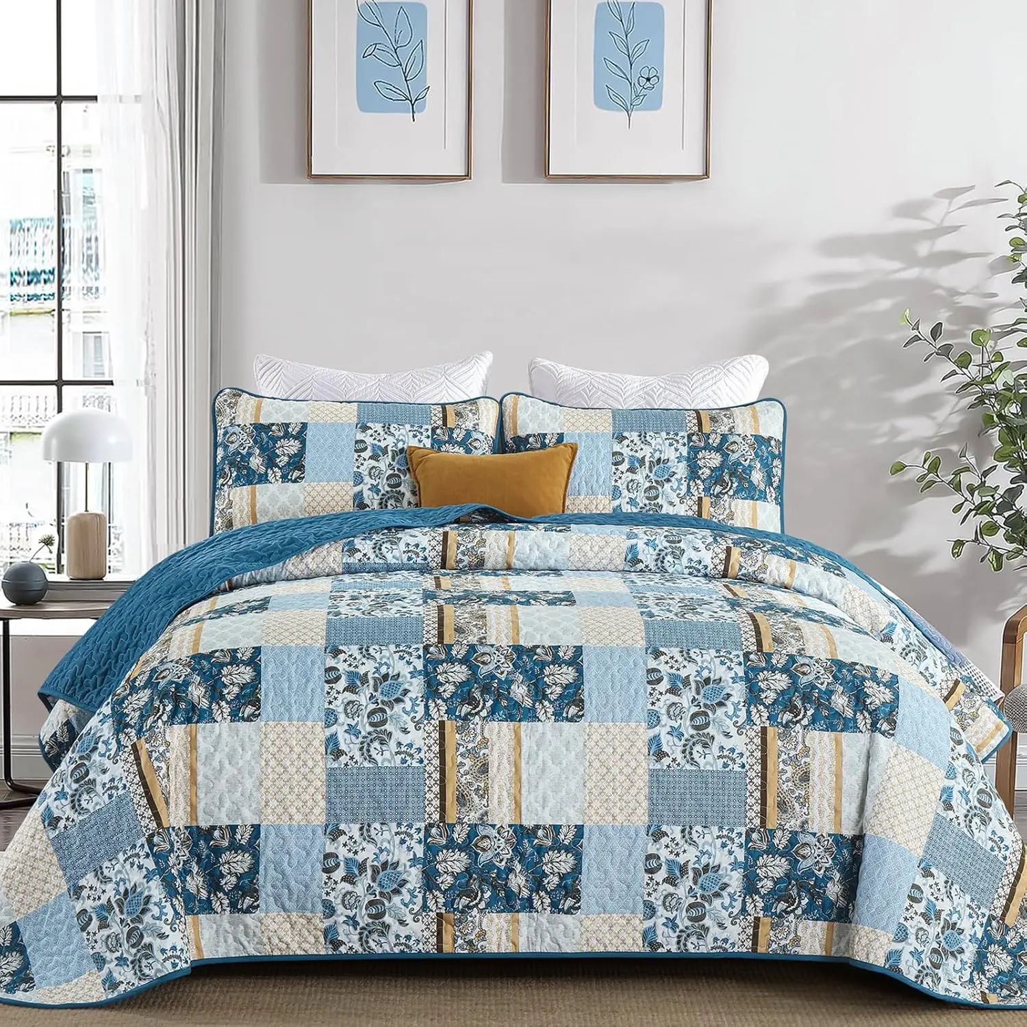 Set Queen Size Blue, 3 Pieces Summer Patchwork Bedspread Coverlet Set, Floral Soft Lightweight Microfiber Bedding Set for All Season(96"*90")