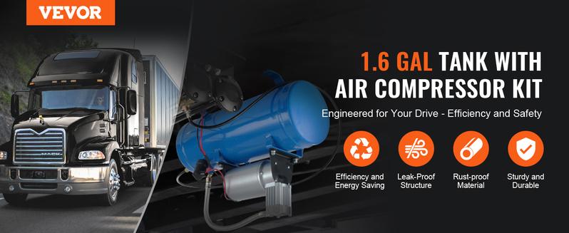 VEVOR 12V Air Compressor with Tank 1.6 Gallon/6 L, Train Horn Air Compressor, 120 psi Working Pressure Onboard Air Compressor System for Train Air Horns, Inflating Tires, Air Mattresses VEVOR 12V Air Compressor with Tank 1.6 Gallon/6 L, Train Horn Air Compressor, 120 psi Working Pressure Onboard Air Compressor System for Train Air Horns, Inflating Tires, Air Mattresses
