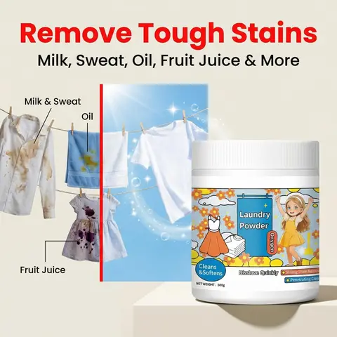 Concentrated Household Laundry Detergent Powder - 500g Chlorine-Free Plant-Based Oxygen Stain Remover, Baby-Safe, Bleach-Free Bright, Sensitive Skin-Friendly, Color-Safe, Eco-Friendly, Oil & Sweat Lift, Fresh-Odor Boost for Various Laundry Needs