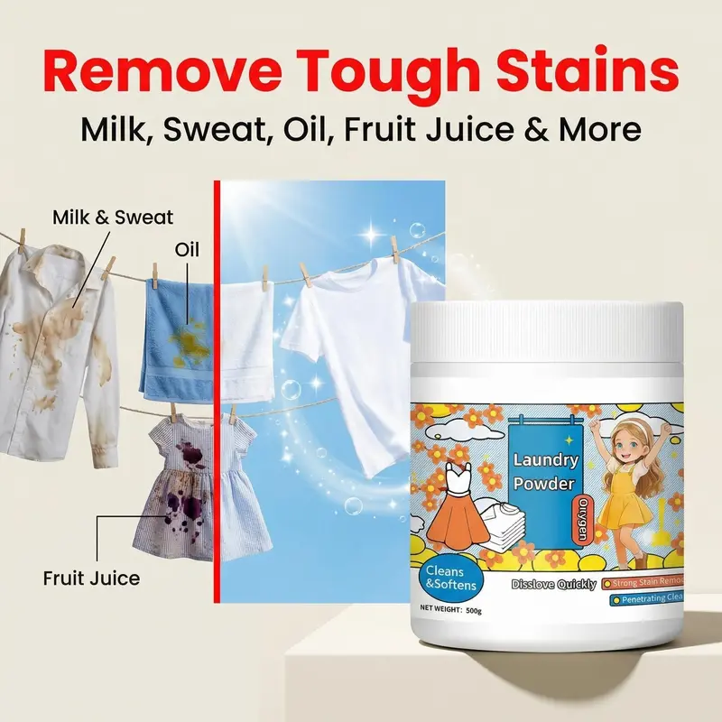 Concentrated Household Laundry Detergent Powder - 500g Chlorine-Free Plant-Based Oxygen Stain Remover, Baby-Safe, Bleach-Free Bright, Sensitive Skin-Friendly, Color-Safe, Eco-Friendly, Oil & Sweat Lift, Fresh-Odor Boost for Various Laundry Needs