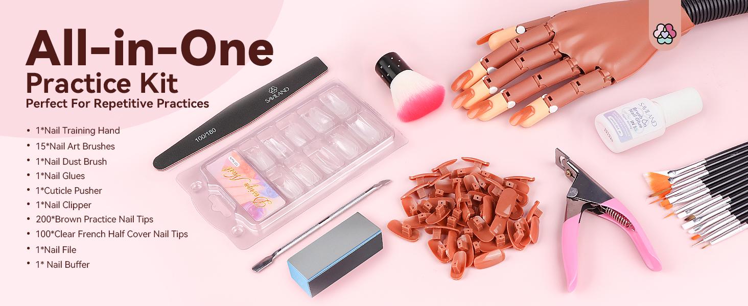 SAVILAND Practice Hand Kit: Flexible Movable Fake Hand for Acrylic Nails with 200 Nail Tips Glue Brush Clipper—Ideal for Beginners Manicure Training