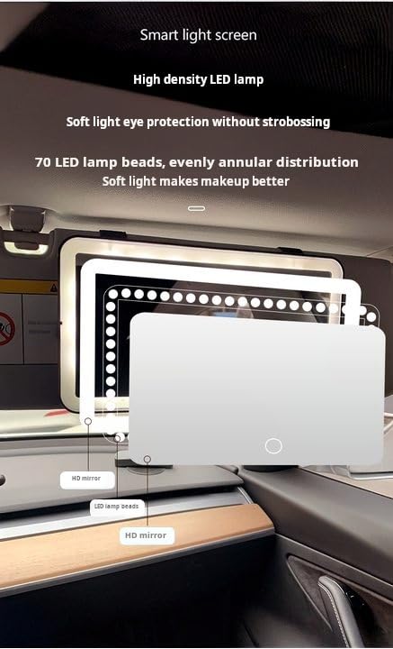 Tri-Color LED High Definition Glass Makeup Mirror for Car Visor with USB Charging, Magnetic Detachment, Flat Lens, Fits All Vehicle Models