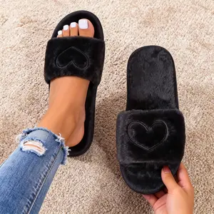 Women’s Fuzzy Heart Slippers – Soft Plush Indoor Slide Slippers for Cozy Comfort