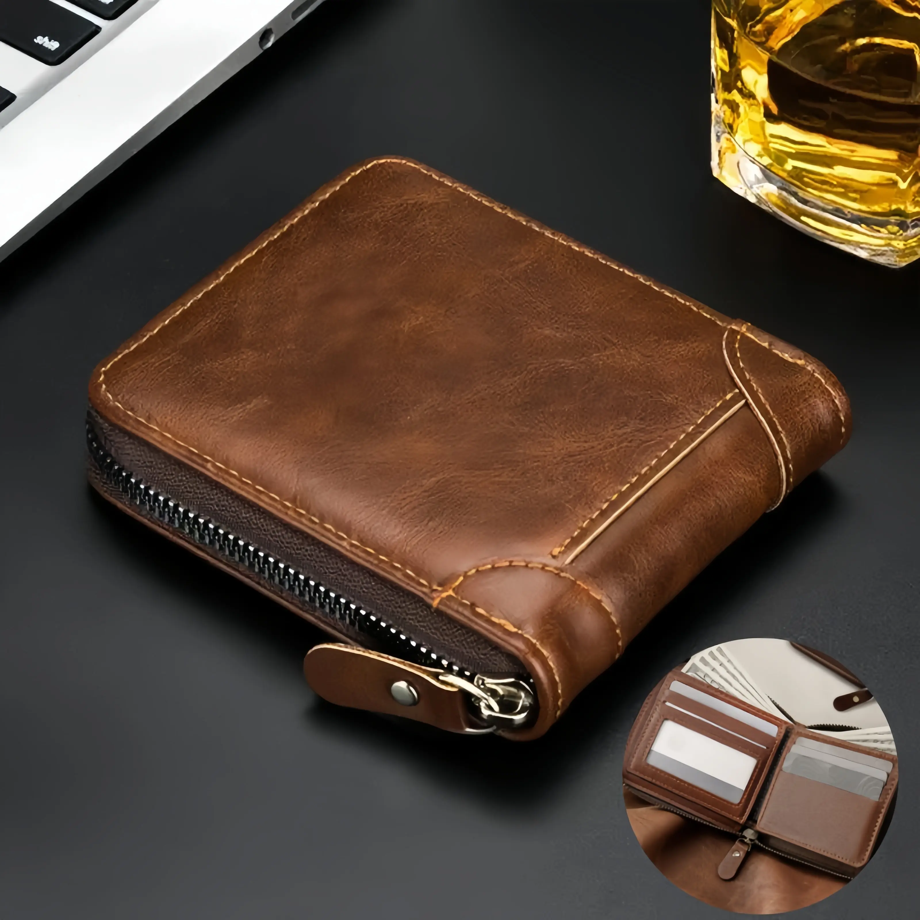 Men's  Business Leather Bi-Fold Zipper Wallet,Vintage RFID Blocking Wallet 4 Credit Card Holders, 2 ID Clear Windows And Cash Slot For Daily Essentials, Big Capacity Credit Card Holder For Travel Work Daily,back to school,back to school haul