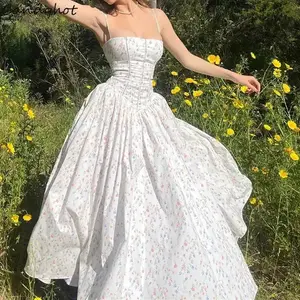 Candyhot Elegant Slim Pleated Print Sleeveless Maxi Dresses Aesthetic Off Shoulder Spaghetti Strap DressElegance Everyday Strapless Casual