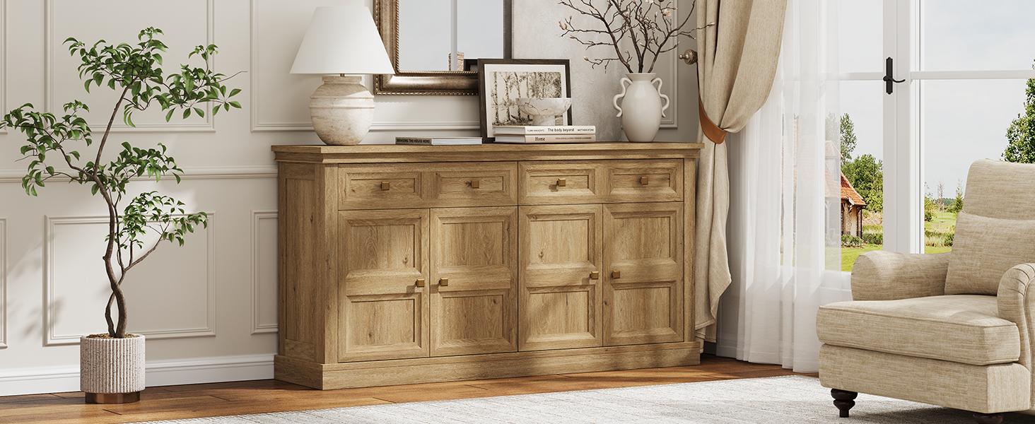【SPOTLIGHT DAY】ONBRILL 63 Inch Buffet Cabinet with Storage Large Sideboard Credenza with Drawers 4 Doors Storage Sideboards Accent Kitchen Coffee Bar Cabinets for Living Room Entryway