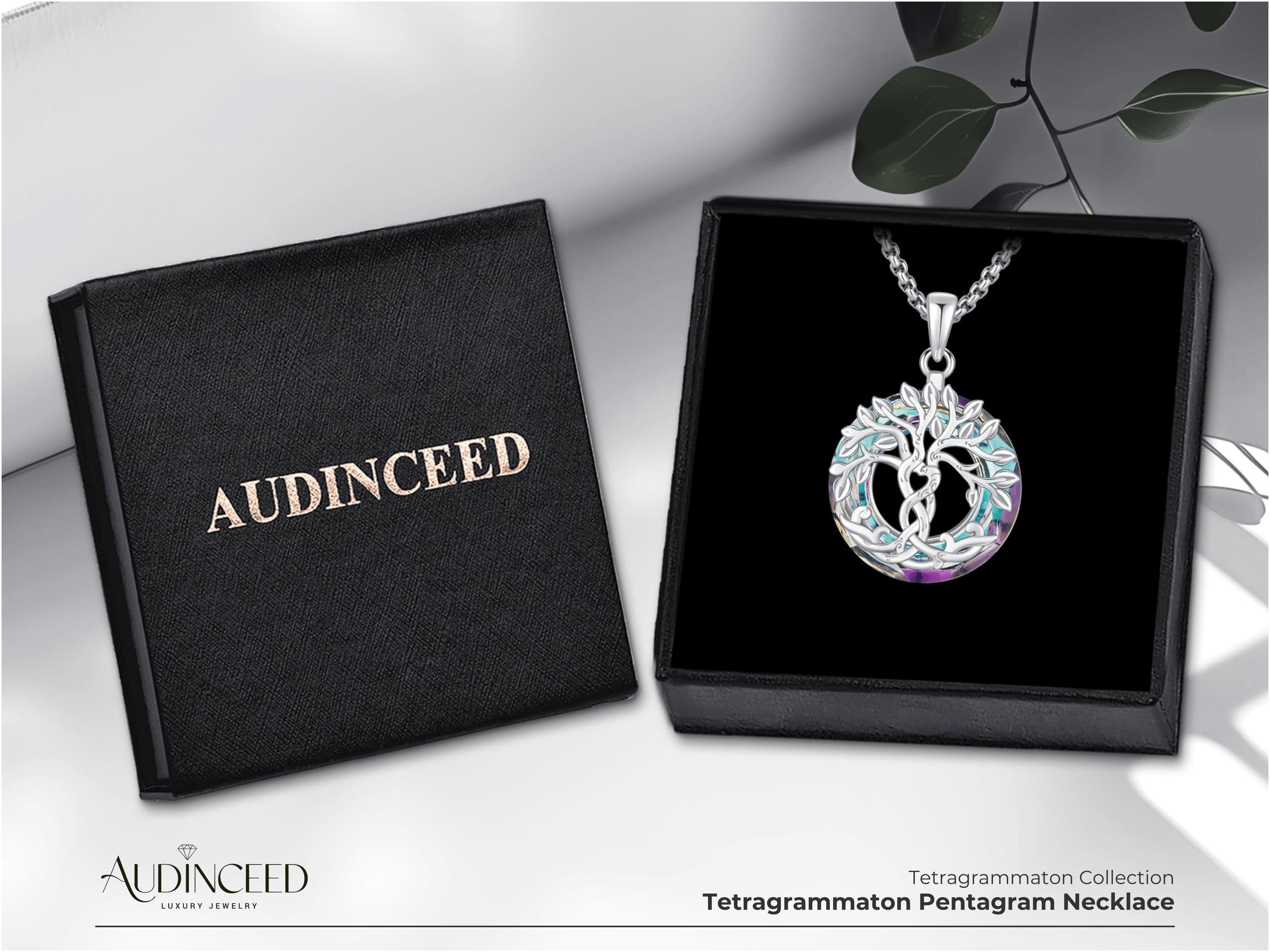 Audinceed Tree of Life Crystal Necklace, S925 Sterling Silver Tree of Life Austrian Crystal Silver Necklace Pendant Religion Blessed Jewelry Anniversary Birthday Gift For Men Women