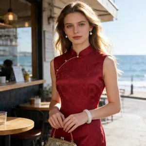 True Red Jacquard Qipao | Modernized Chinese Dress for Festive Oriental Charm