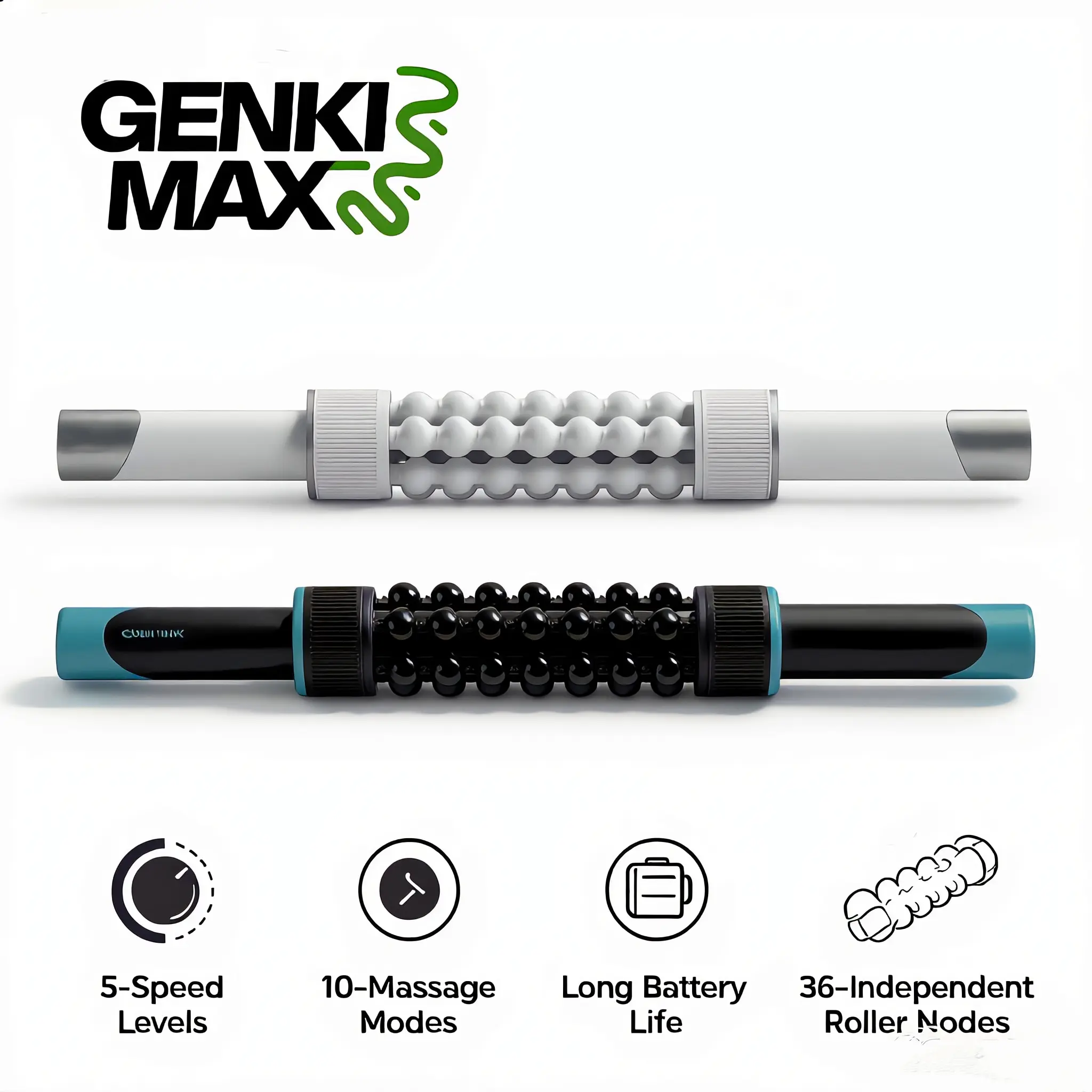 GENKI MAX Automatic Foam Roller,Rechargeable Electric Massager for Deep Tissue Full Body Pain Relief, Handheld Percussive Muscle Roller with 36 Nodes, 5 Speeds & 10 Modes,Max Speed 2400BPM, Post-Workout Recovery ,Ideal Gift For Parents, Back To School