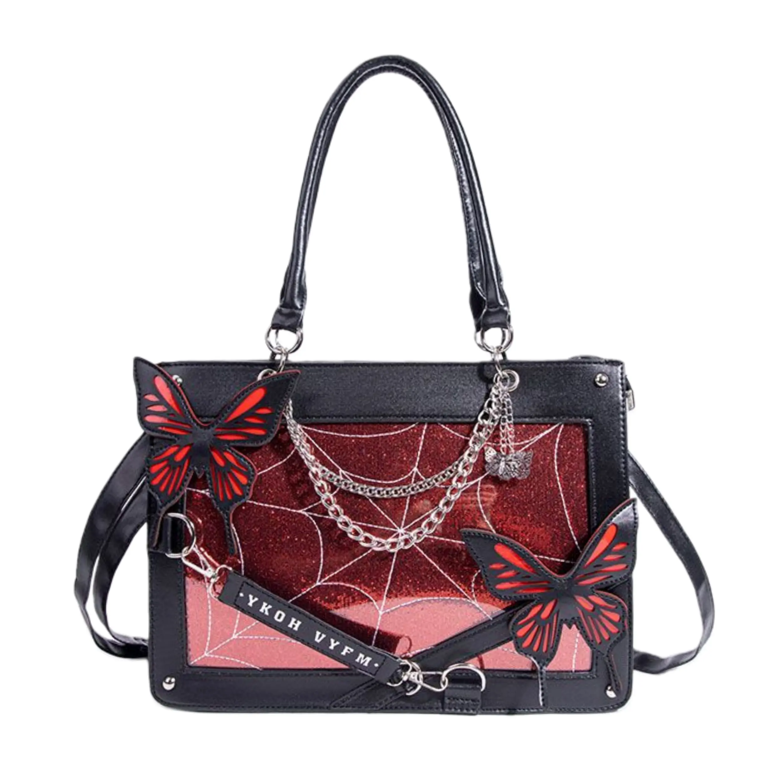 FAURALA Y2K Gothic Butterfly Ita Bag - Red Glitter Spider Web Clear Window PU    crossbody   | Detachable Shoulder Strap, Punk Chains, Bat Charm | Trendy E-Girl Alt Fashion for Anime Pins, Cosplay & Dark Academia Outfits (Pins & Plush NOT Included)