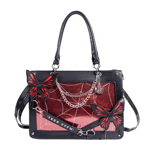 FAURALA Y2K Gothic Butterfly Ita Bag - Red Glitter Spider Web Clear Window PU Tote | Detachable Shoulder Strap, Punk Chains, Bat Charm | Trendy E-Girl Alt Fashion for Anime Pins, K-pop Merch, Cosplay & Dark Academia Outfits (Pins & Plush NOT Included)