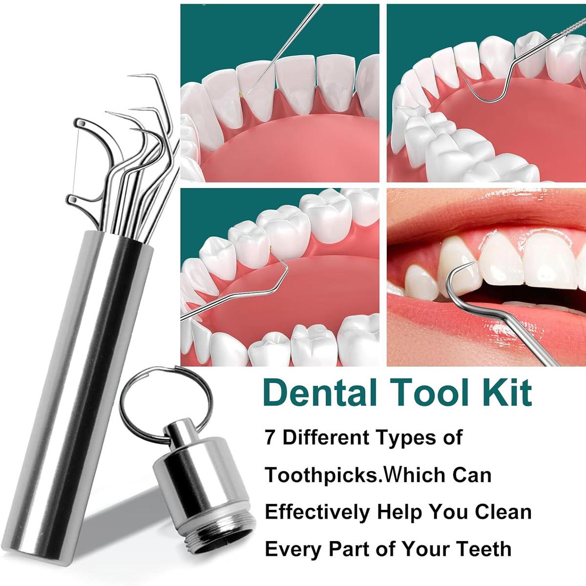 Stainless Steel Toothpick Pocket Set, Reusable Dental Floss Pick, Travel Teeth Cleaning Tools Kit for Outdoor Picnic, Camping, Keychain Design, Oral Care Tool (7PCS/Set)