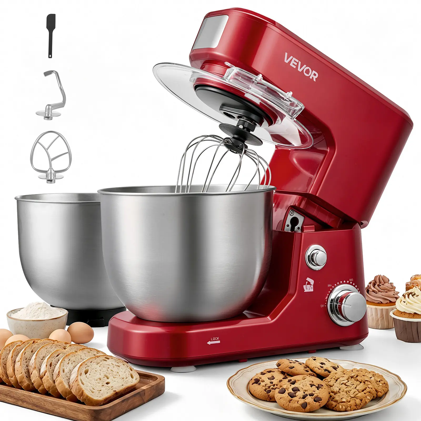 VEVOR 5.3+4.2 Qt Tilt Head Stand Mixer 400W Electric Dough Mixer, 3 Speeds Food Kitchen Mixer with Stainless Steel Bowl, Splash Guard, Dough Hook, Whisk, Beater, for Baking Mixing Whipping