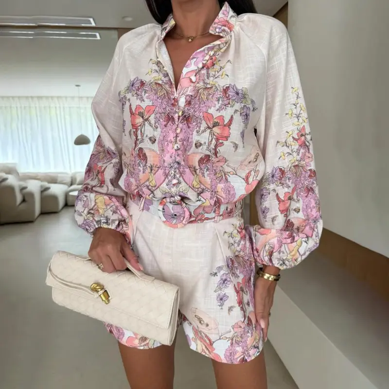 CHICME Women's 2 Pieces Outfit Floral Placement Print Stand Collar Button Button Front Lantern Sleeve Top and Casual Elastic Back Waist Shorts Set with Belt/ Pockets Summer Matching