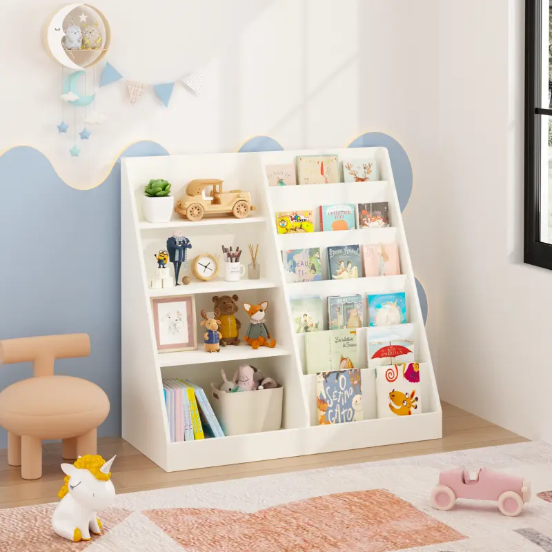 4-Tier Wooden Bookshelf & Toy Storage Organizer - Multifunctional Bookcase Display Stand for Nursery, Playroom (White)