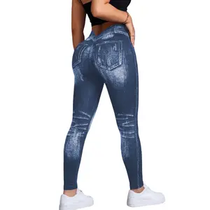 TCVC Buttery Soft Denim Print Leggings | High Waisted Tummy Control Yoga Pants for Fitness & Everyday Style