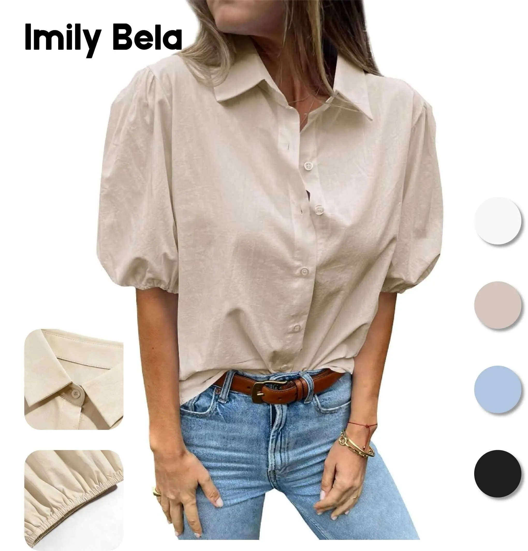 Imily Bela Women's Button Down Shirts Short Puff Sleeve Collared Dressy Casual Blouse Tops  #OOTD Must
