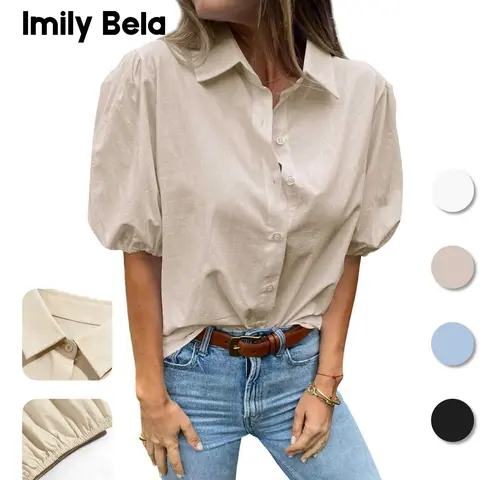 Imily Bela Women's Button Down Shirts Short Puff Sleeve Collared Dressy Casual Blouse Tops  #OOTD Must