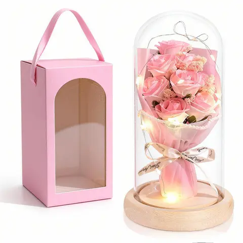 Rose Flower Bouquet in Acrylic Dome, Valentine's Day gift, Gifts for Girlfriend, Forever Flowers Fresh Bouquet Present for Women Mothers Day Birthday Room Decor
