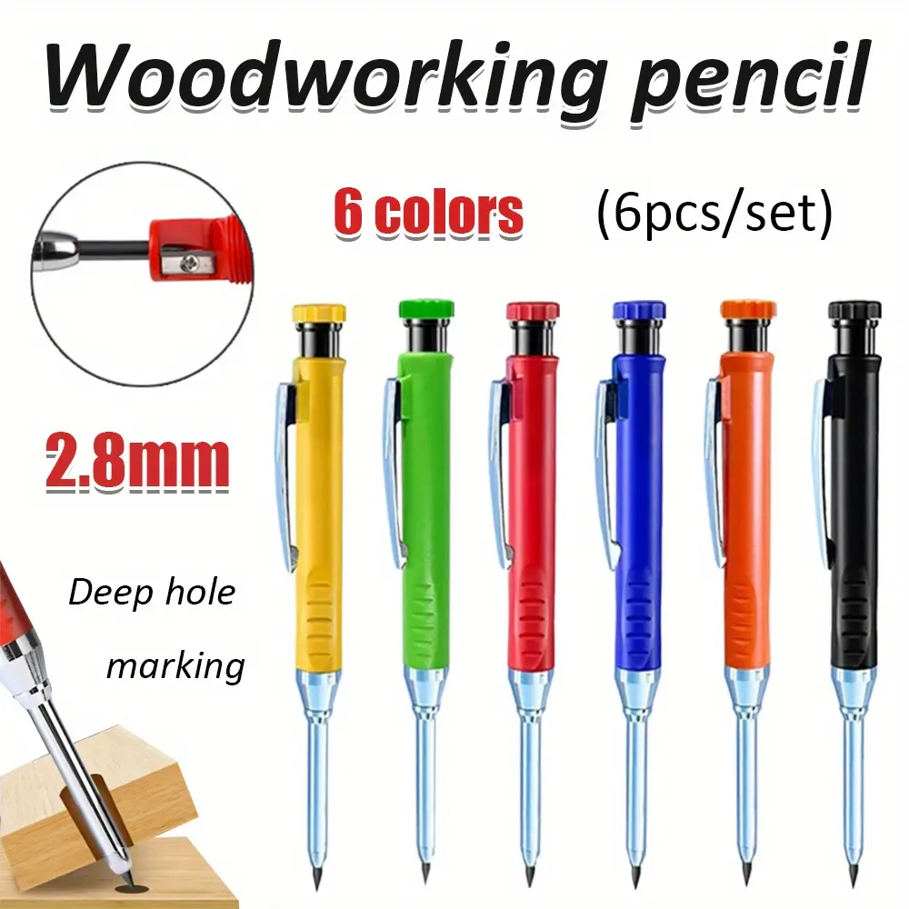 6pcs/set 2.8mm Deep Hole Marking Metal 6-color Iron Clip Woodworking Pencil, Black Graphite Instead of Lead Core, Suitable for Engineering Drawing Long Head Marking Tool Supplies, Woodworking Scriber, Carpentry Tools, Wood Working Tools And Accessories