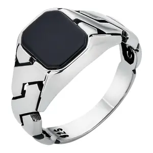 Miami Cuban Ring - 925 Silver Oxidized - Genuine Black Onyx Stone