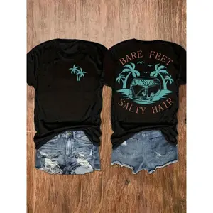 Graphic Print Women’s Tee for Spring and Summer – Casual Short-Sleeved Round Neck Top