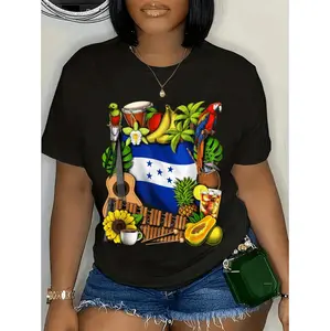 Vibrant Honduran Heritage Cotton Tee Featuring Cultural Symbols And Tropical Fruits In A Comfortable Black Short Sleeve Design With Festive Flag Graphics