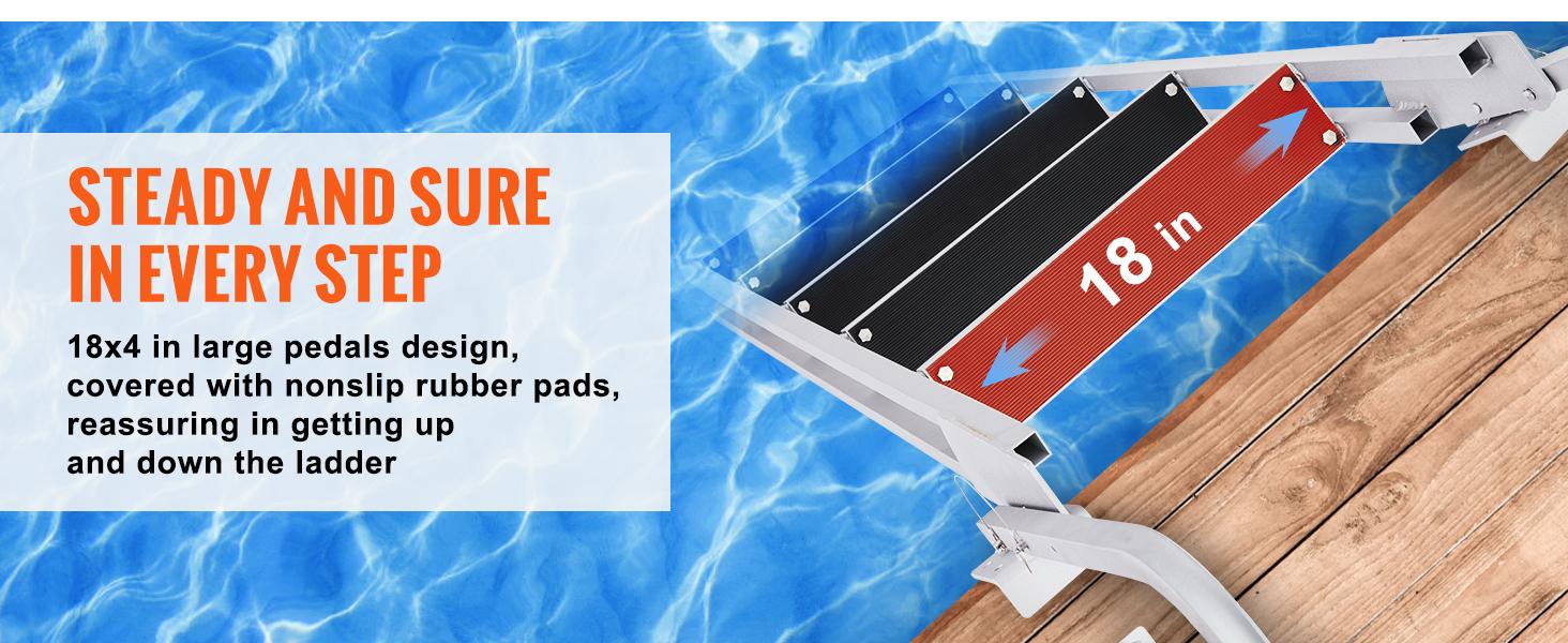VEVOR Dock Ladder Flip Up 5 Steps,  350lbs Load Capacity, Aluminum Pontoon Boat Ladder with 4" Wide Step & Nonslip Rubber Mat,Swimm Step Ladder for Ship/Lake/Pool/Marine Boarding