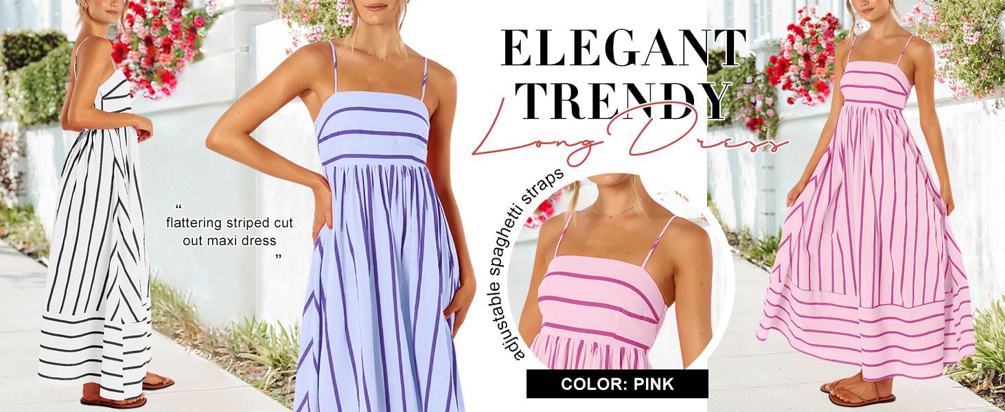 Ebossy Women's Summer Striped Back Smocked Maxi Dress Sleeveless Sexy Spaghetti Strap Cut Out Flowy Swing Long Dress Casual Womenswear
