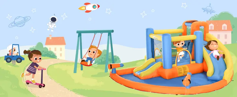 #tiktokshopbacktoschool Outsunny 5/6/8-in-1 Summervibes Inflatable Water Slide Kids Bounce House with Splash Pool Climbing Wall Air Pump Water Cannon Slide Trampoline Multifunction Durable Outdoor Backyard Fun