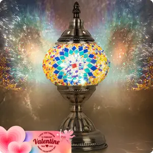 Yarra-Decor Turkish Moroccan Lamp with Bronze Base Handmade Tiffany Mosaic Glass Portable Bedside Lamp Rechargeable 2000mAh LED Bulb Blue1 Illuminated Lantern Modern Design Ideal Gift Christmas gifts Adjustable Brightness Lights Valentine's Day gifts