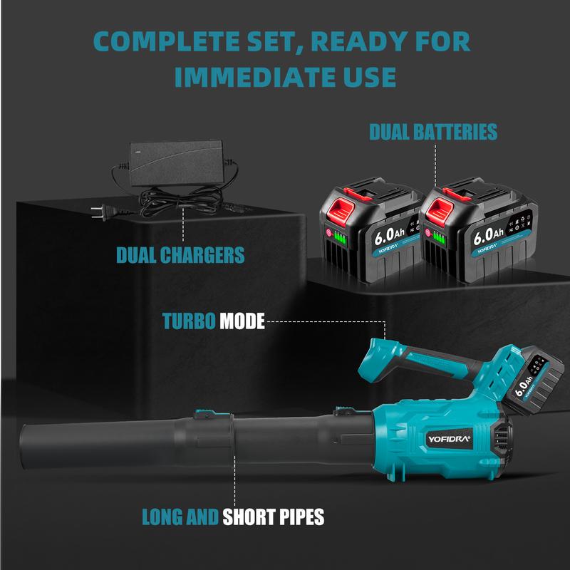 YOFIDRA Cordless Leaf Blower 600 CFM 120 MPH, 5-Speed Brushless Electric Blower with Dual 6.0Ah Batteries & Fast Charger, Long Run Time for Yard, Leaves, Snow & Garage Cleaning YOFIDRA Cordless Leaf Blower 600 CFM 120 MPH, 5-Speed Brushless Electric Blower with Dual 6.0Ah Batteries & Fast Charger, Long Run Time for Yard, Leaves, Snow & Garage Cleaning
