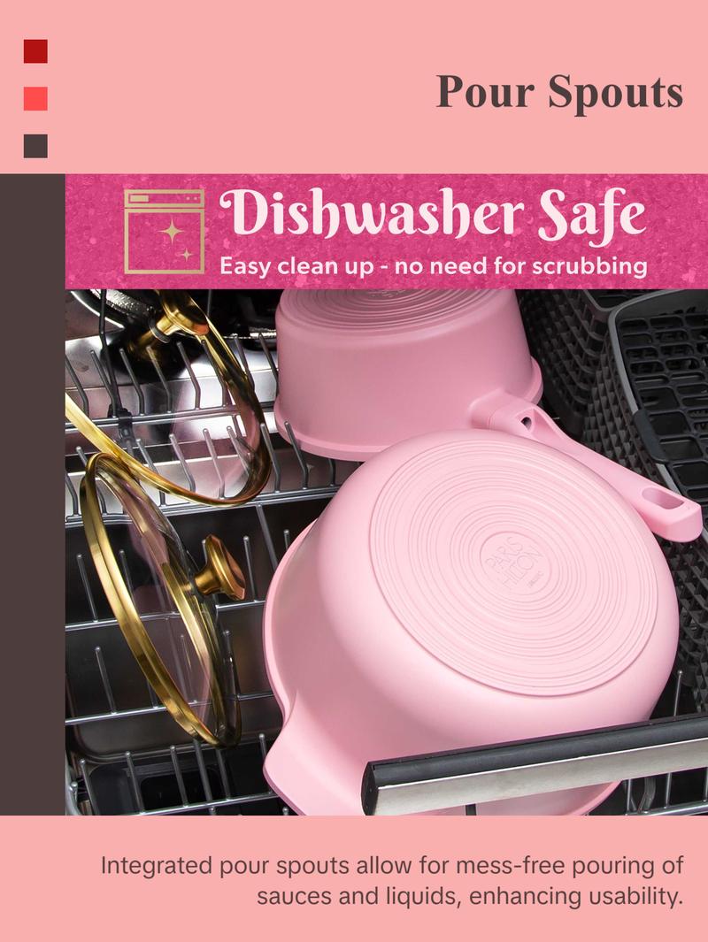 Paris Hilton Clean Ceramic™ Nonstick Cookware Set 10-Piece Cast Aluminum with Heart Knobs Soft Pink Finish Dishwasher Safe