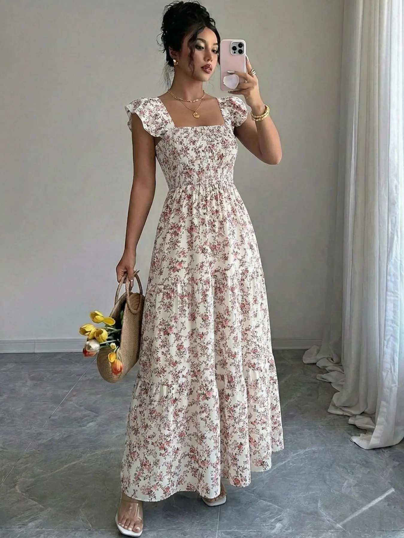 Women's Summer Square-Neck Backless Midi Dress with Tiered Ruffle Trim, Boho Casual Ditsy Floral Print Gathered Waist Dress for Daily Wear, Bohemian, Casual Boho Style