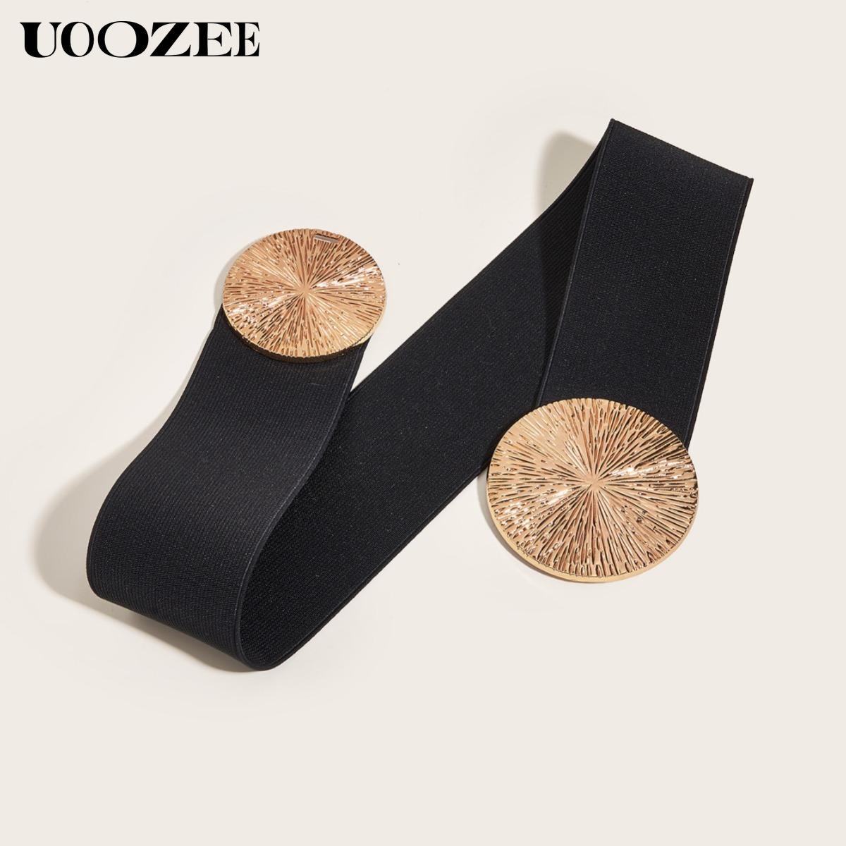 Women's Leopard Print & Gold Circle Belt 2.35 Inch Wide Elastic Waistband for Coats Dresses Suits 27 Inch Length 27-31.5 Inch Waist Circumference Modern Fashion Accessory