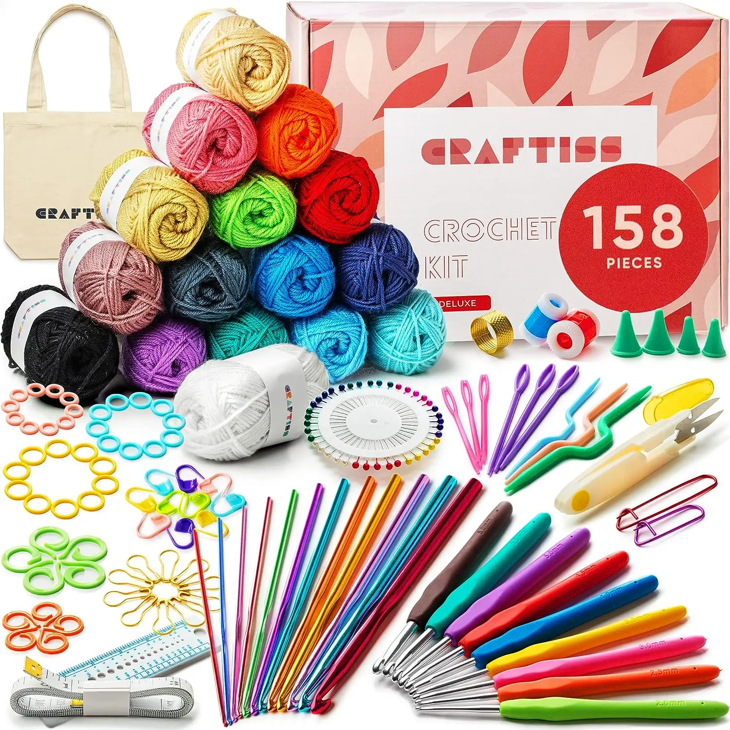 CRAFTISS Crochet Kit for Beginners - 158 Pieces with 16 skeins of Acrylic Yarn - All-in-One Starter Pack for Adults