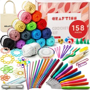 CRAFTISS Crochet Kit for Beginners - 158 Pieces with 16 skeins of Acrylic Yarn - All-in-One Starter Pack for Adults