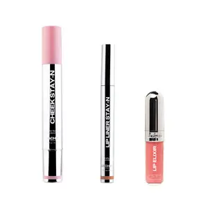 Cheek & Lip STAY-N TRIO - All-day Liquid Blush - Long-lasting, buildable, ultra-blendable + LIP LINER STAY-N - Peel-Off Lip Liner Stain - All Day & Night + Lip Glaze Elixir - 3-in-1 Balm + Oil + Gloss - Lip Glaze - Long-lasting Shine & Hydration