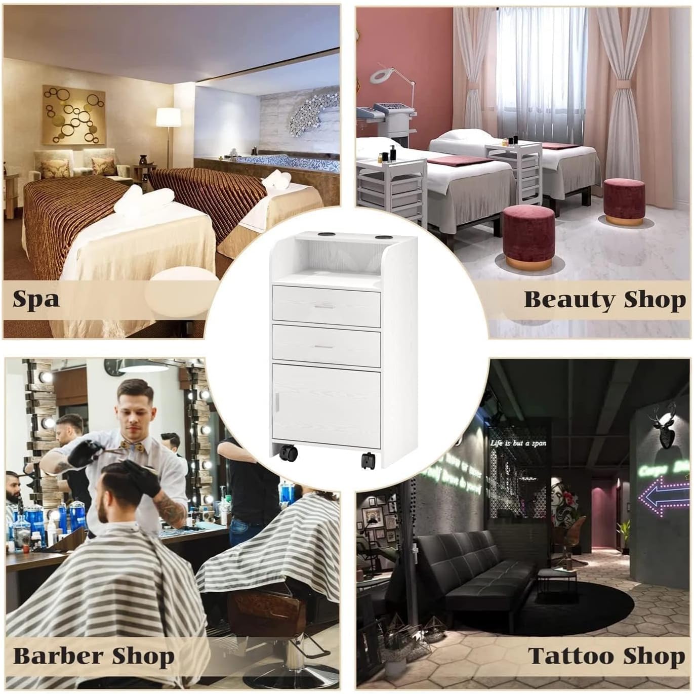 HOMBCK Beauty Salon Station, for Hair Stylist, Hair Salon Station Storage Cabinet with Wheels, with 2 Drawers, with 2 Hair Dryer Holders