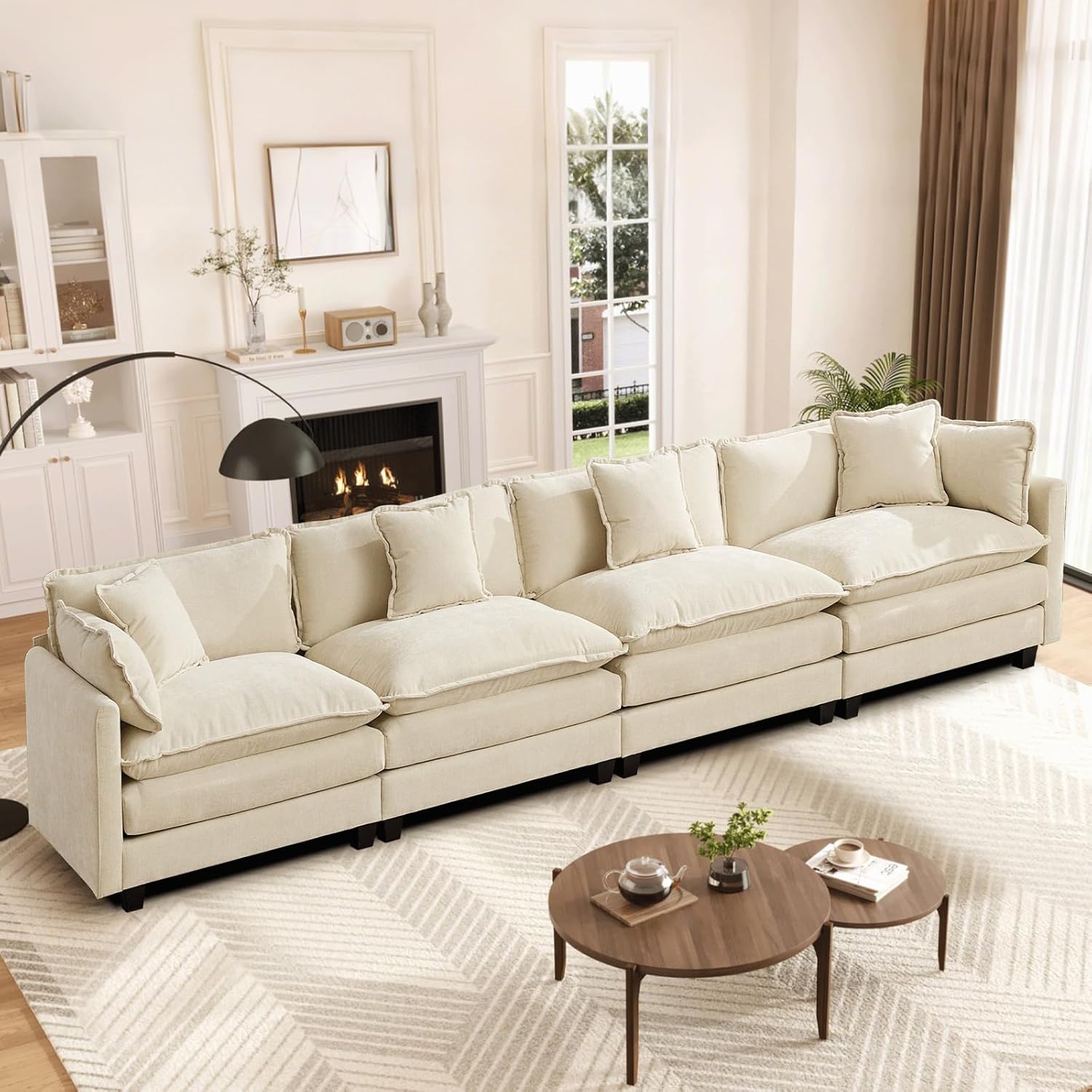 149.6” Modular Sectional Sofa Couch Oversized Convertible Couches 4 Seater Chenille Deep Seat Cloud Couch with Pillows for Living Room, Apartment, Office, Beige