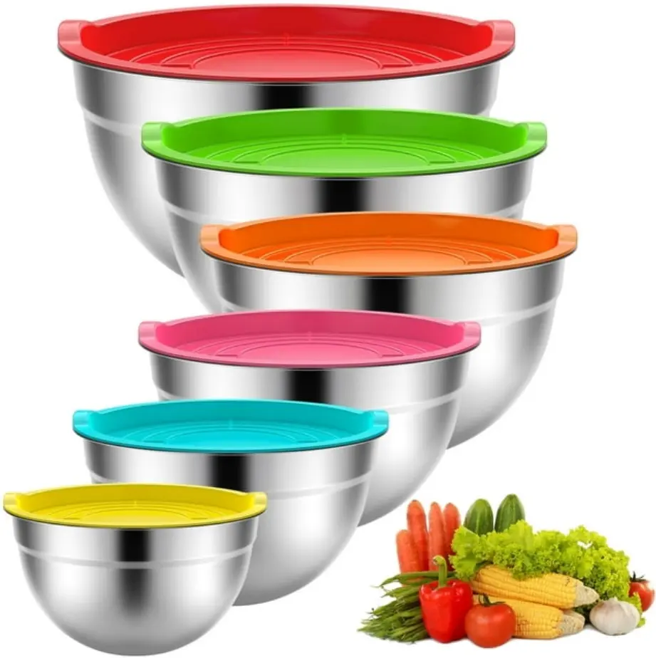 Stainless Steel Bowl Set - 6-Pack Nesting Mixing Bowls with Airtight Plastic Lids, 4.5/3/2.5/2/1.5/0.75QT Assorted Colors for Kitchen Prep, Baking, Stylish