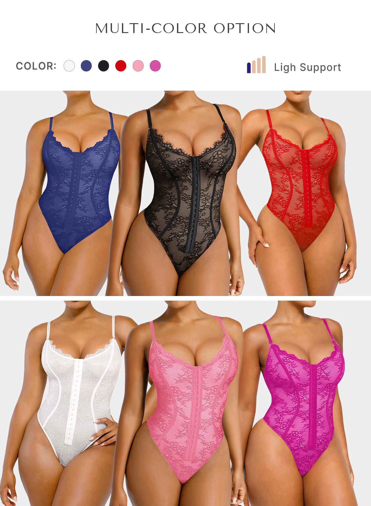 Shapellx Lace Glamour Thong Bodysuit Tummy Control Tops Front Button Design Sexy Womenswear Fit Skinny