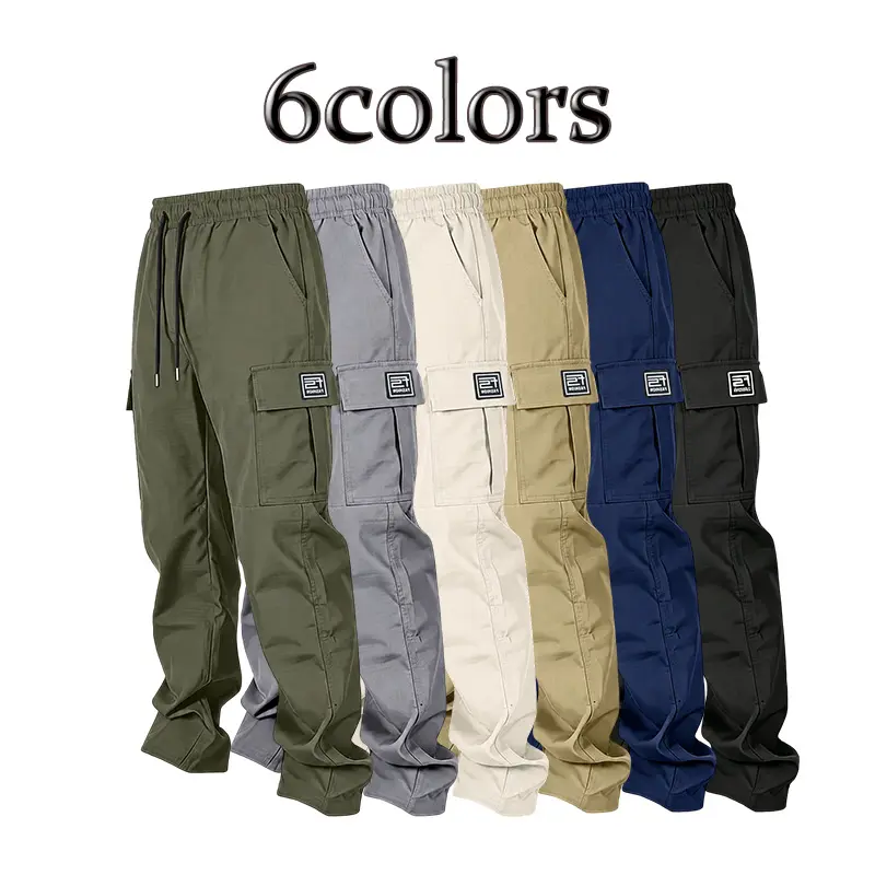 Men’s solid-color tactical cargo pants — durable outdoor training pants with sport pockets; suitable for all seasons; casual streetwear pants.