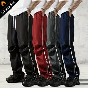 Men’s long pants, 4-pack, side stripe design, drawstring, side pockets, stylish minimalist style, suitable for all seasons, street wear and outdoor sports urban style, retro aesthetic, fashion enthusiasts loose-fitting men